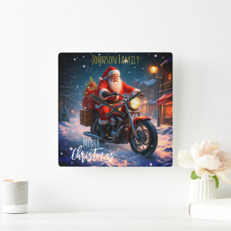 Merry Christmas Santa Clause On Motorcycle Fyrkantig Klocka
