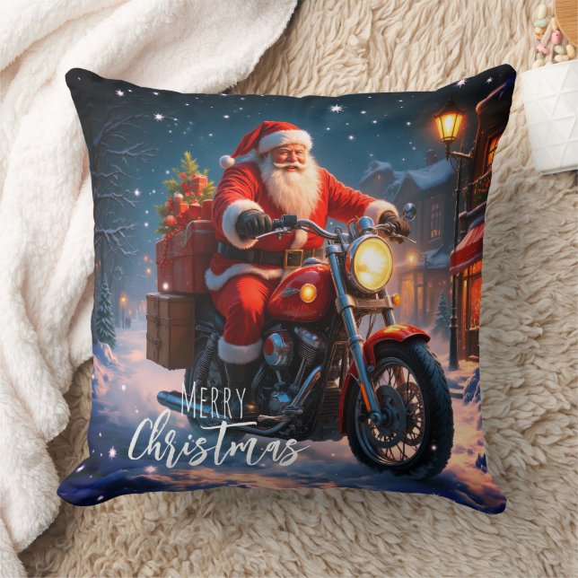 Merry Christmas Santa Clause On Motorcycle  Kudde (Filt)