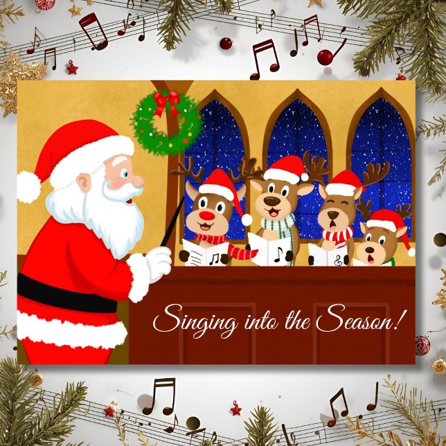 Merry Christmas Santa Directing Reindeer Singing Kort (Skapare uppladdad)