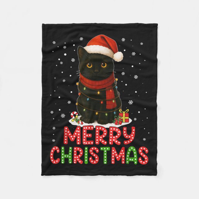Merry Christmas Santa Hat Funny Black Cat Men Wome Fleecefilt (Framsidan)