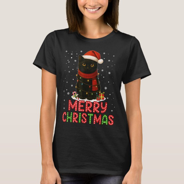 Merry Christmas Santa Hat Funny Black Cat Men Wome T Shirt (Framsida)