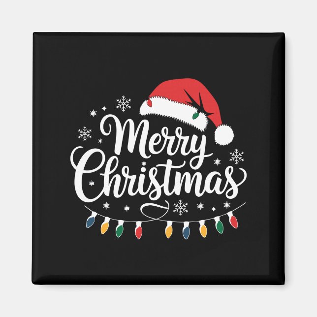 Merry Christmas Santa Hat Xmas Lights Red Family M Magnet (Framsidan)
