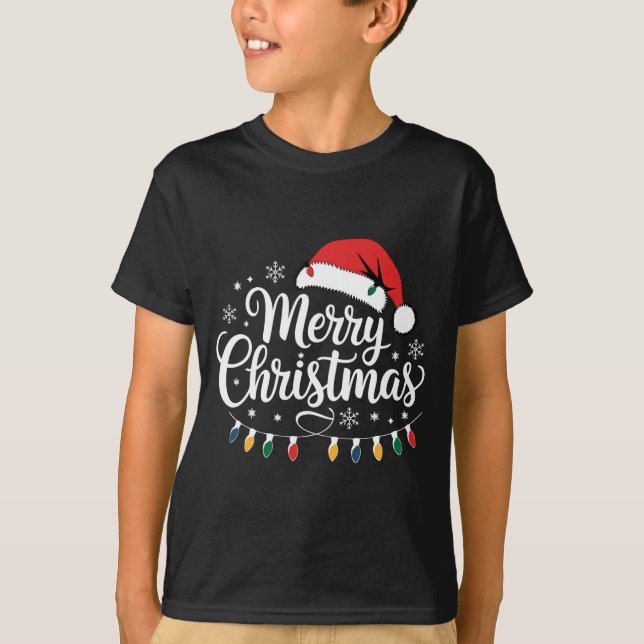 Merry Christmas Santa Hat Xmas Lights Red Family M T Shirt (Framsida)