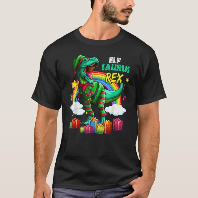 Merry Christmas Santa Rainbow Elf Saurus Rex T Shirt (Framsida)