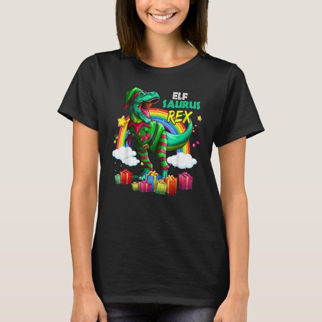 Merry Christmas Santa Rainbow Elf Saurus Rex T Shirt (Framsida)