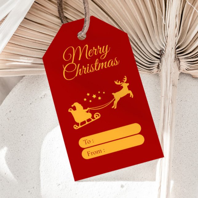 Merry Christmas Santa & Reindeer Red Gold Presentetikett (Skapare uppladdad)