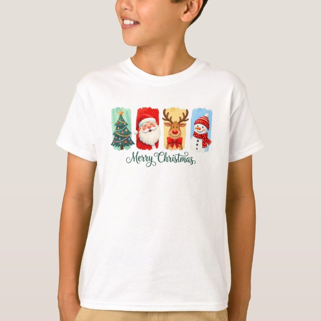 Merry Christmas Santa Reindeer Snowman T Shirt (Framsida)