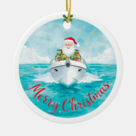 Merry Christmas Santa Sailing on a Yacht Julgransprydnad Keramik