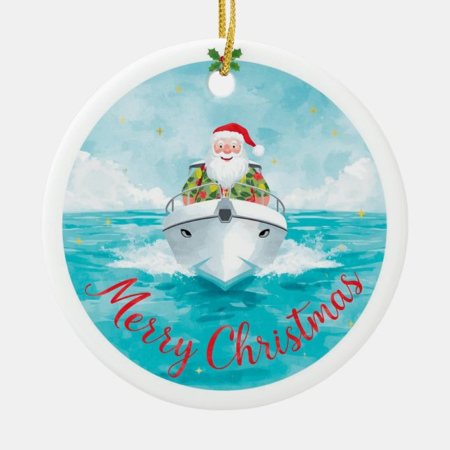 Merry Christmas Santa Sailing on a Yacht Julgransprydnad Keramik (Framsidan)