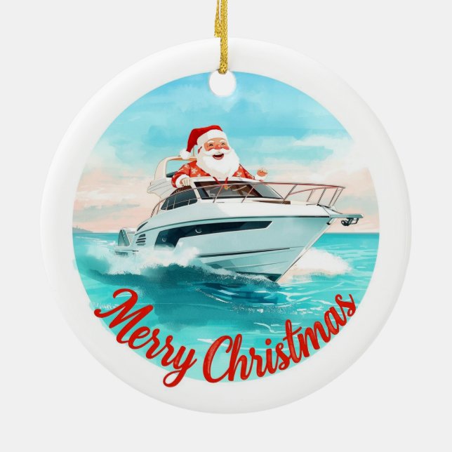 Merry Christmas Santa Sailing on a Yacht Julgransprydnad Keramik (Baksidan)