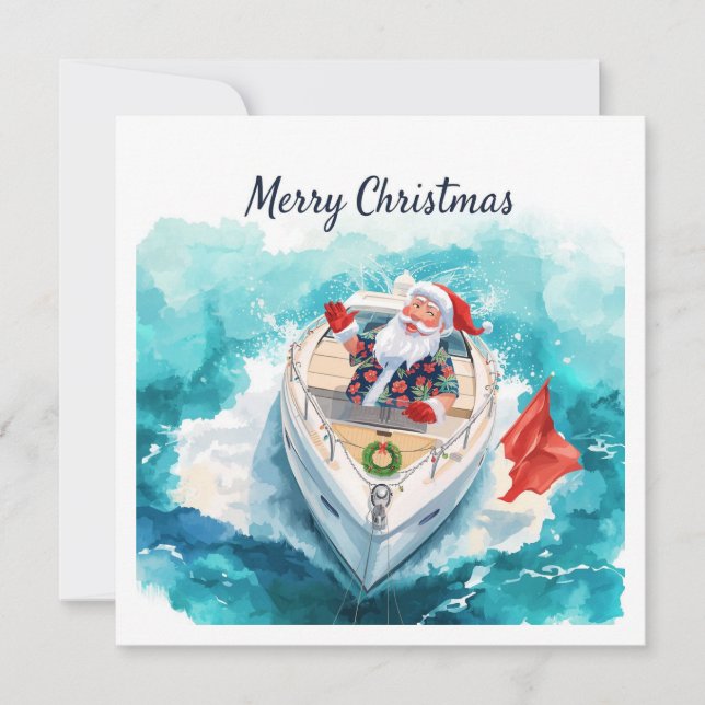 Merry Christmas Santa Sailing on a Yacht Julkort (Framsida)