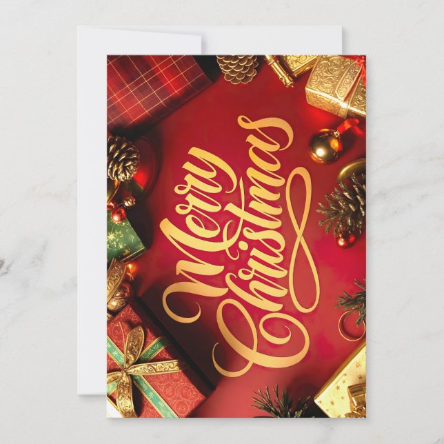  "Merry Christmas" Schrift mit Geschenken & Zapfen Inbjudningar (Framsida)