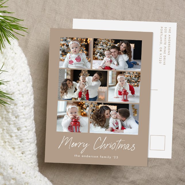 Merry Christmas Script Beige 6 Foto Collage Helg Vykort (Skapare uppladdad)