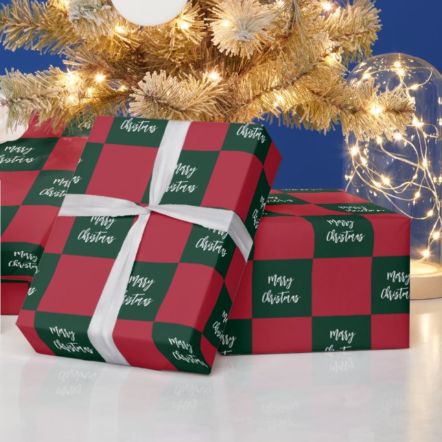 Merry Christmas Script Green and Red Checkerboard Presentpapper (Helgdagar)