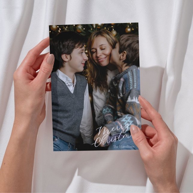 Merry Christmas Script Photo Navy Julkort (Skapare uppladdad)