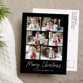 Merry Christmas Script Svart 6 Foto Collage Helg Vykort
