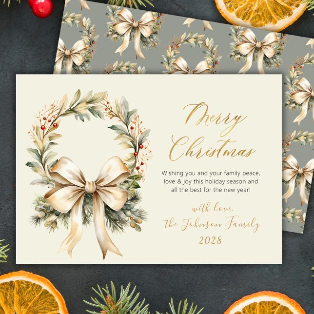 Merry Christmas Script Watercolor Wreath Gold Bow  Julkort (Skapare uppladdad)