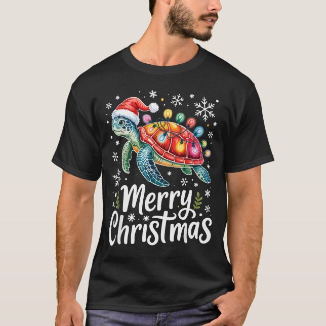 Merry Christmas Sea Turtle Christmas Lights Santa  T Shirt (Framsida)