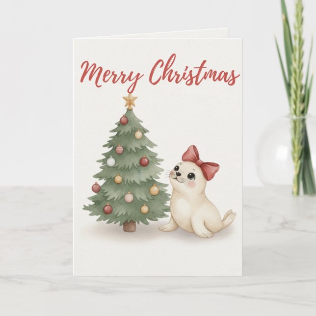 Merry Christmas Seal Card Cozy Holiday Illustrat Helgkort (Framsida)