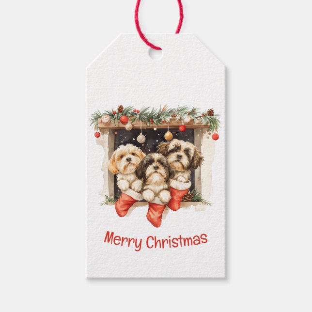 Merry Christmas Shih Tzu Dogs Presentetikett (Framsidan)