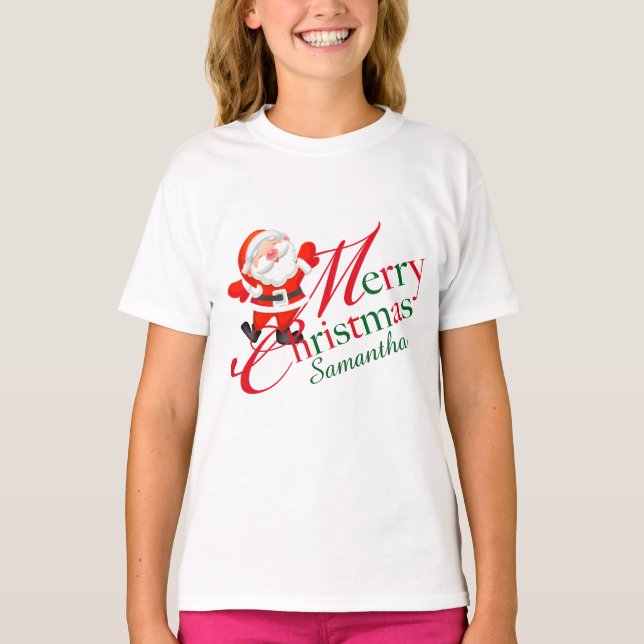 Merry Christmas Signature Name Red Green Santa T Shirt (Framsida)