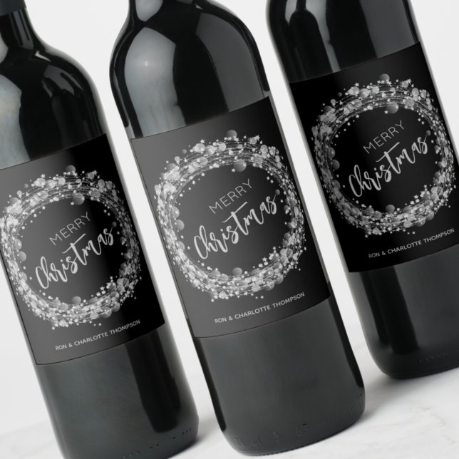 Merry Christmas Silver Stars Vinflaska Etikett (Skapare uppladdad)