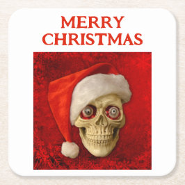 Merry Christmas. Skull wearing Santa hat Underlägg Papper Kvadrat