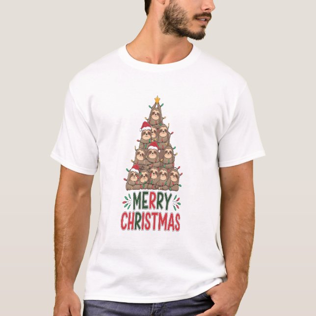 Merry Christmas Sloth Tree T Shirt (Framsida)