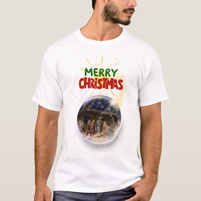 Merry Christmas Snow Globe Design T Shirt (Framsida)