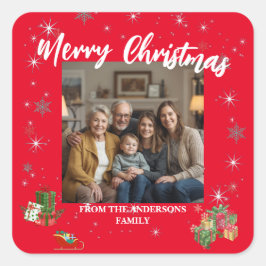Merry Christmas Snowflake Photo Personal Family N Fyrkantigt Klistermärke