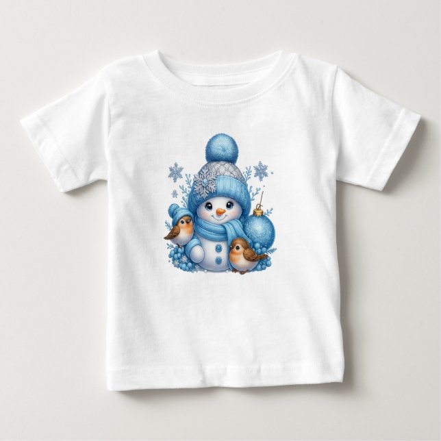 Merry Christmas Snowman With Birds Holiday Tee (Framsida)