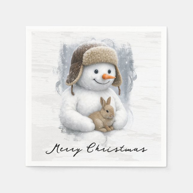 Merry Christmas Snowman With Bunny Pappersservett (Framsidan)