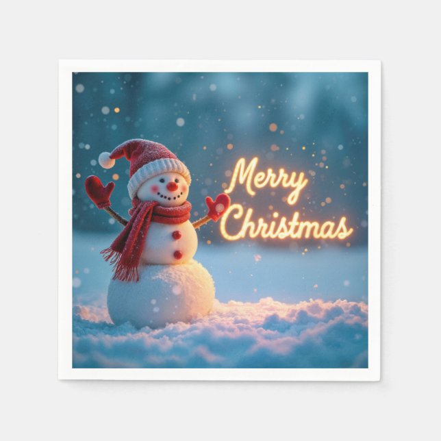 Merry Christmas Snowman with Neon Sign Pappersservett (Framsidan)