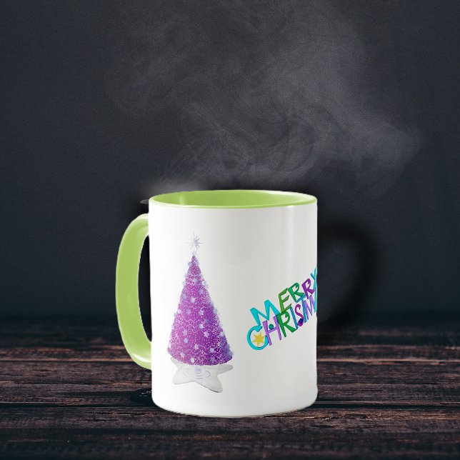 Merry Christmas Sparkle Pink silver Trees Mugg (Merry Christmas pink trees on star rug silver star decorations on holiday coffee mug.)