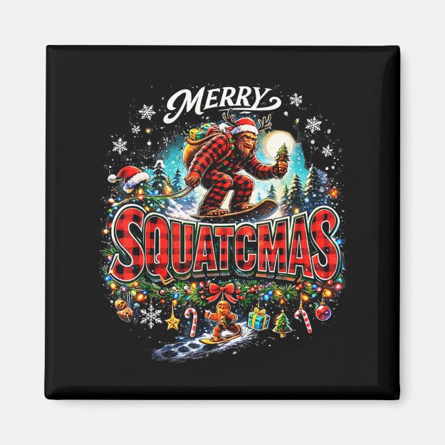 Merry Christmas Squatchmas Funny Bigfoot Snowboard Magnet (Framsidan)
