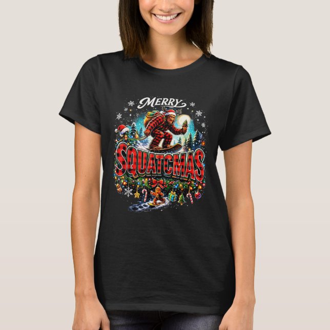 Merry Christmas Squatchmas Funny Bigfoot Snowboard T Shirt (Framsida)