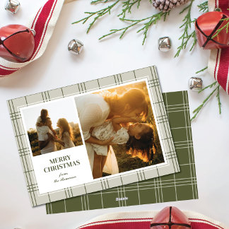 Merry Christmas Stripe Plaid Two Photo Frame Julkort