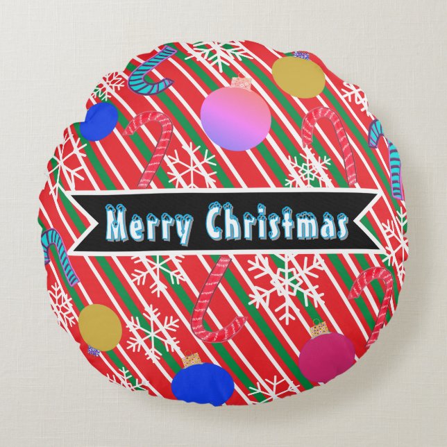 Merry Christmas Stripes Candy Canes Ornaments  Rund Kudde (Framsidan)