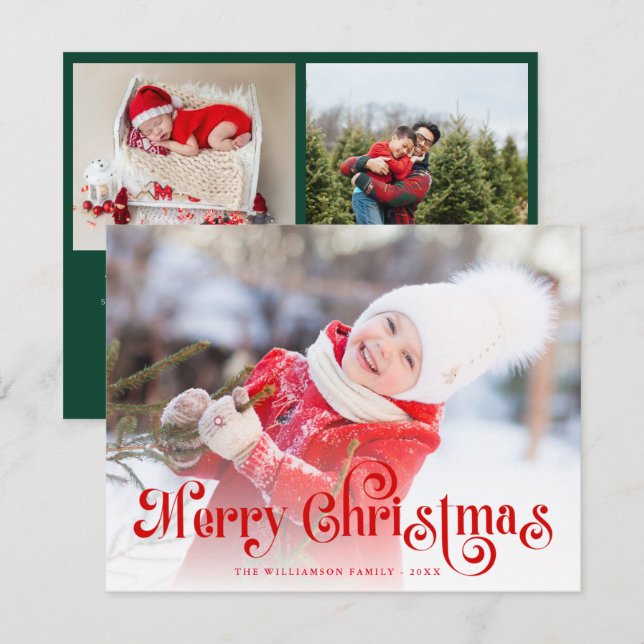 Merry Christmas Stylish Red Lettering Photo  Julkort (Fram/baksida)