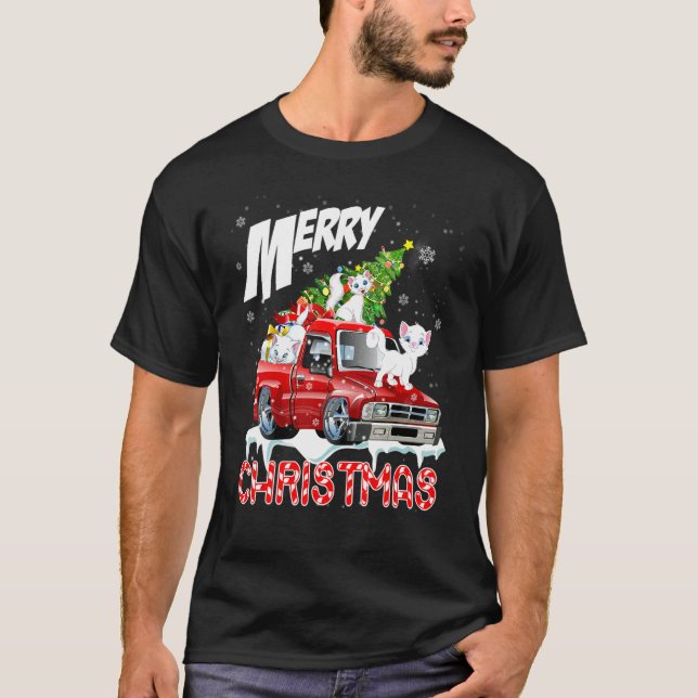 Merry Christmas Three Cats Xmas Tree On Pickup Tru T Shirt (Framsida)