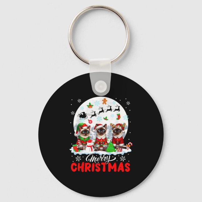Merry Christmas Three Santa Elf Reindeer Siamese C Nyckelring (Framsida)