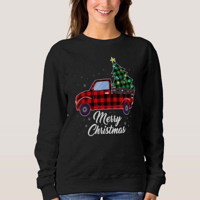 Merry Christmas Tree Buffalo Plaid Red Truck T Shirt (Framsida)
