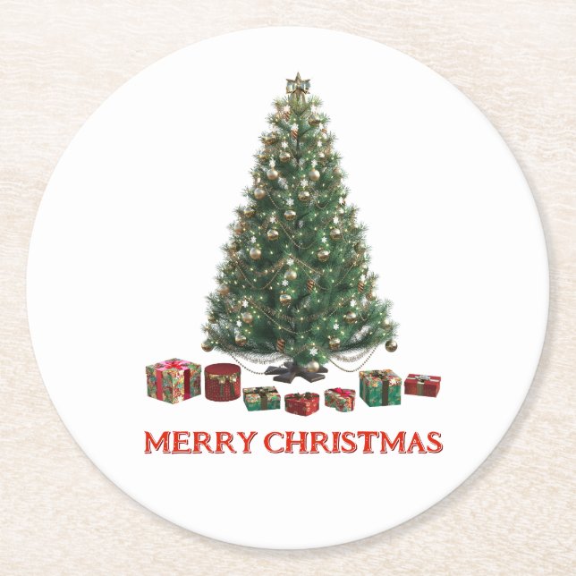 Merry Christmas. Tree (design 1) with gifts Underlägg Papper Rund (Framsidan)