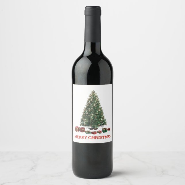 Merry Christmas. Tree (design 1) with gifts Vinflaska Etikett (Framsida)