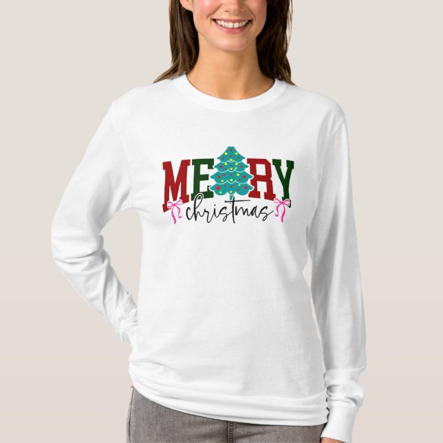 Merry Christmas Tree Design with Bows Holiday T Shirt (Framsida)