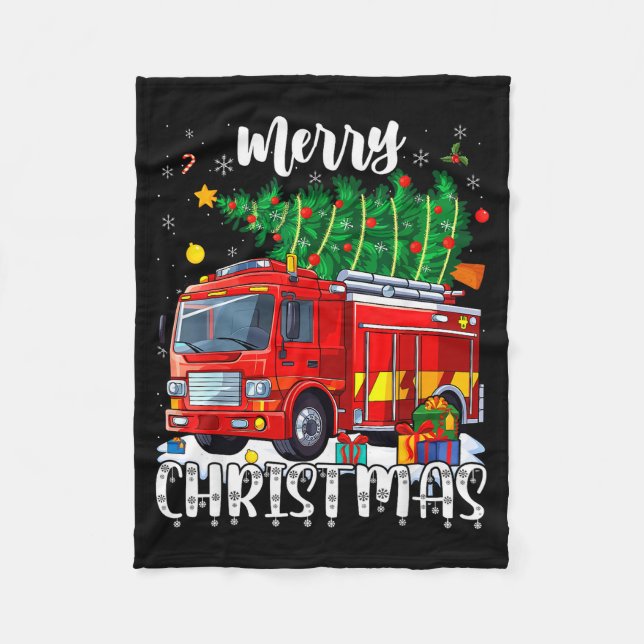 Merry Christmas Tree Firetruck Pajama Firefighter  Fleecefilt (Framsidan)