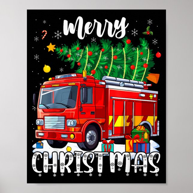 Merry Christmas Tree Firetruck Pajama Firefighter  Poster (Framsidan)
