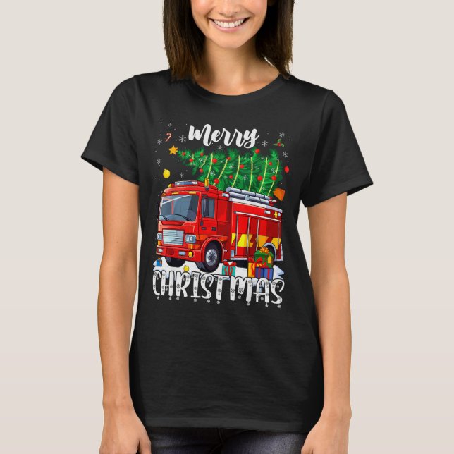 Merry Christmas Tree Firetruck Pajama Firefighter  T Shirt (Framsida)