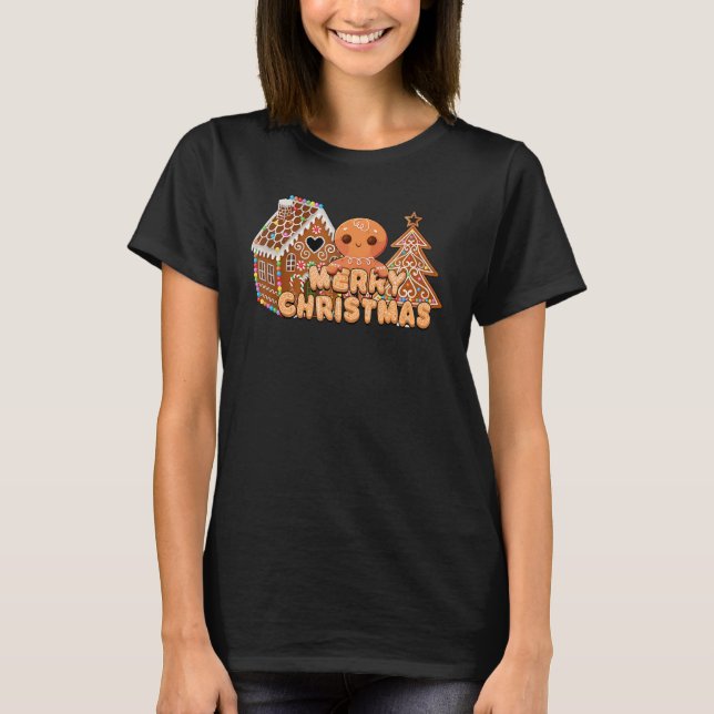 Merry Christmas Tree Gingerbread Xmas vibes Snowma T Shirt (Framsida)
