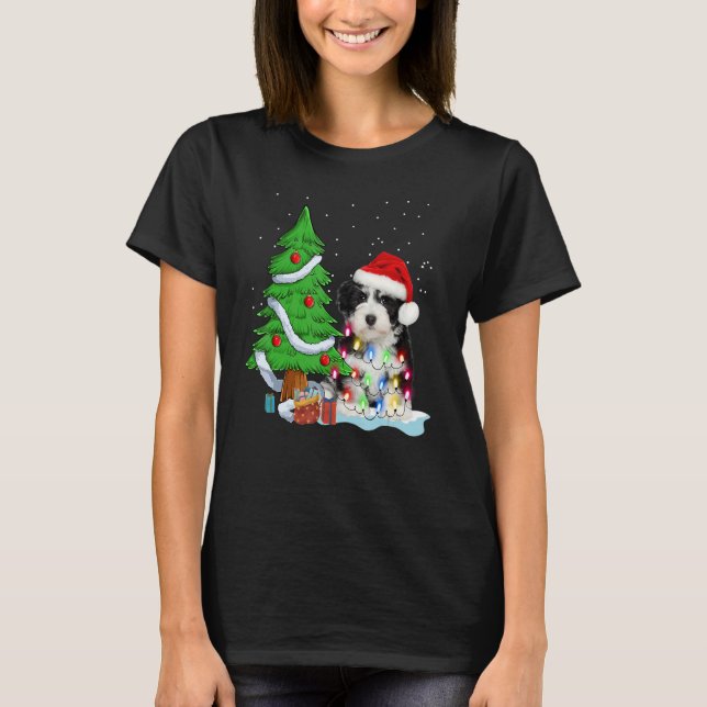 Merry Christmas Tree Light Santa Hat Dog Shih Tzu  T Shirt (Framsida)